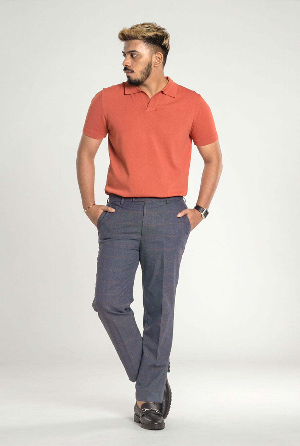 Salmon Pink Knit Polo Tee with Open Collar