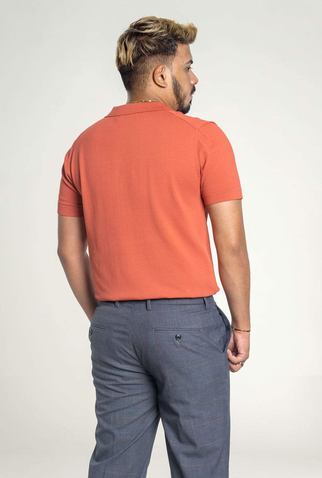 Salmon Pink Knit Polo Tee with Open Collar