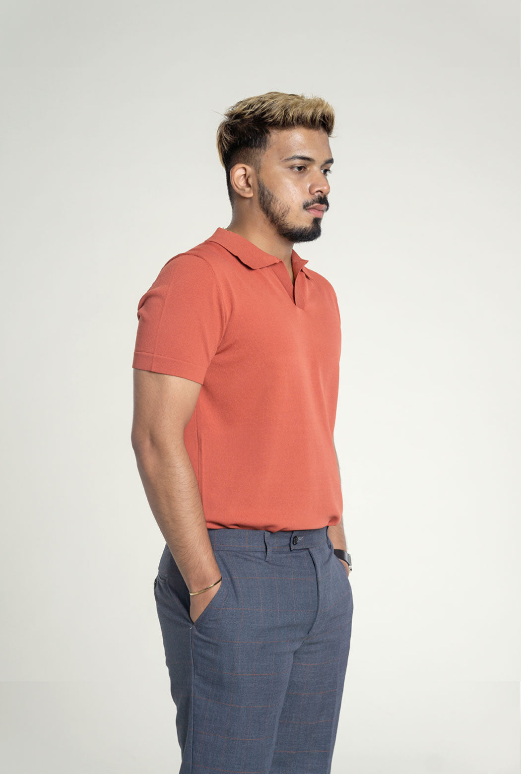 Salmon Pink Knit Polo Tee with Open Collar