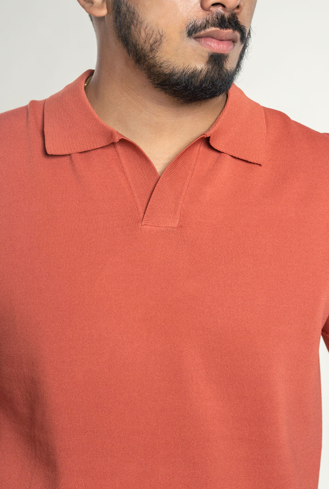 Salmon Pink Knit Polo Tee with Open Collar