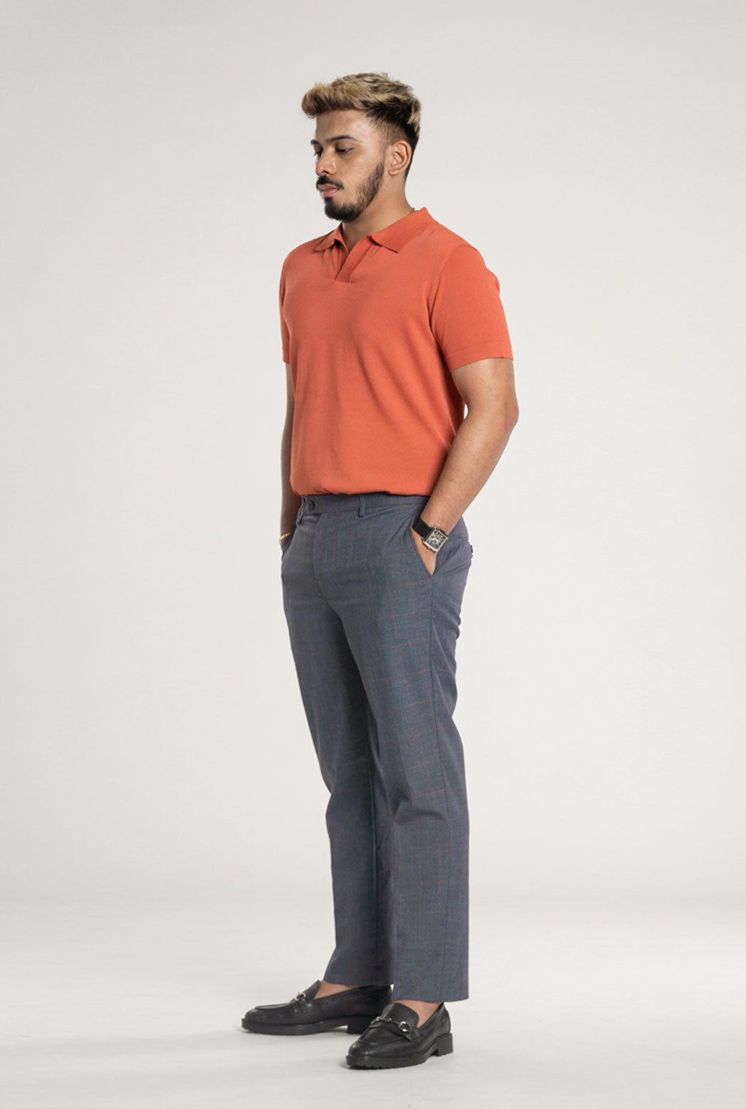 Salmon Pink Knit Polo Tee with Open Collar