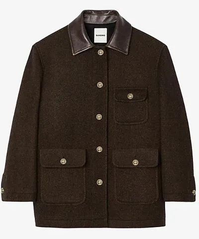 Sandro Tweed Coat with Contrast Collar and Patch Pockets for Women