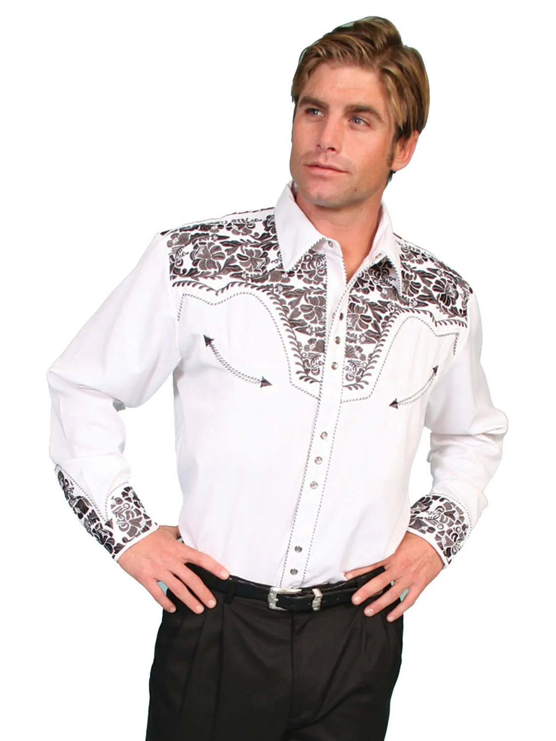 Scully Mens Western Pewter Poly Blend Floral Tooled Shirt