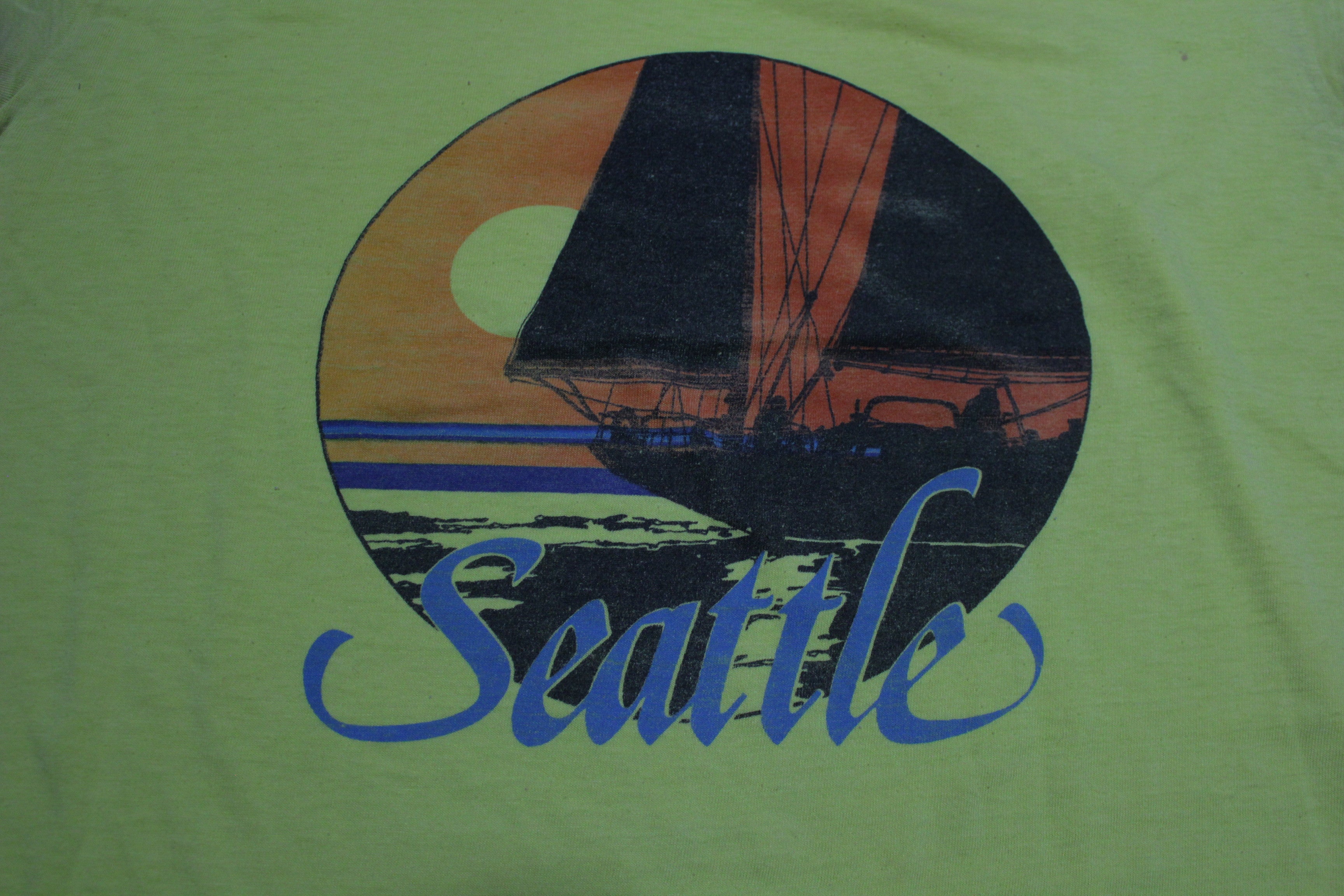 Seattle Puget Sound Sunset Sailboat Vintage 1980s V-neck Distressed Single Stitch Tee