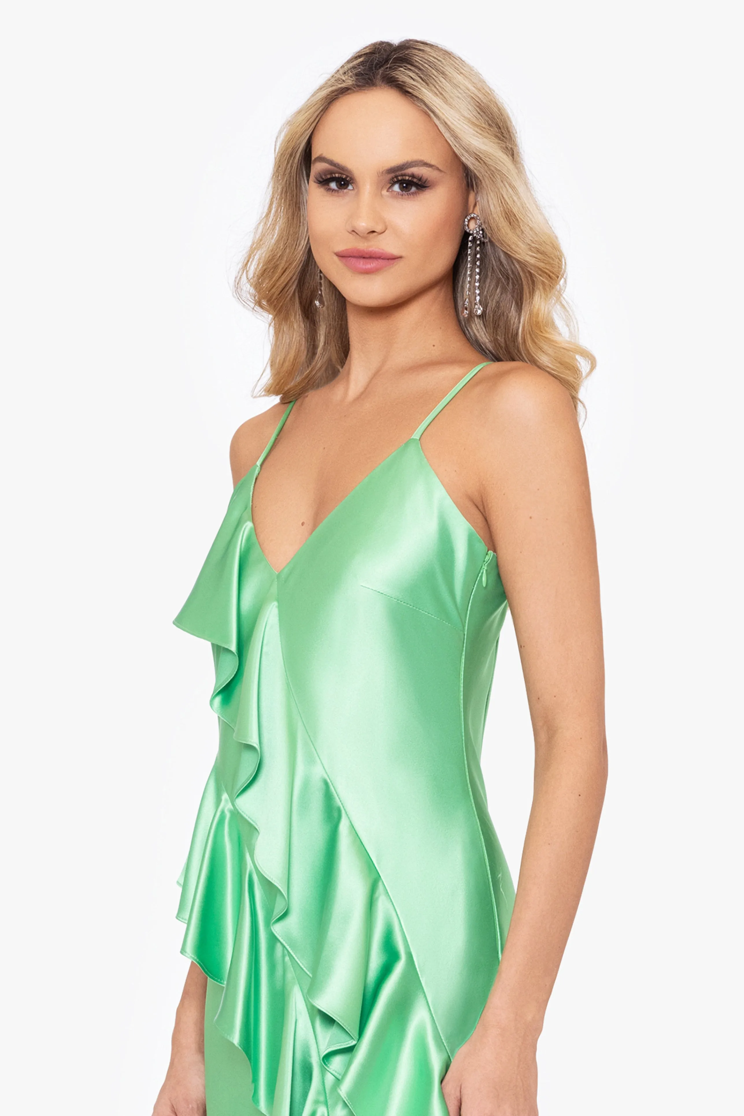 Shayla Ruffle Front Dress - Charmeuse Spaghetti Mini Dress