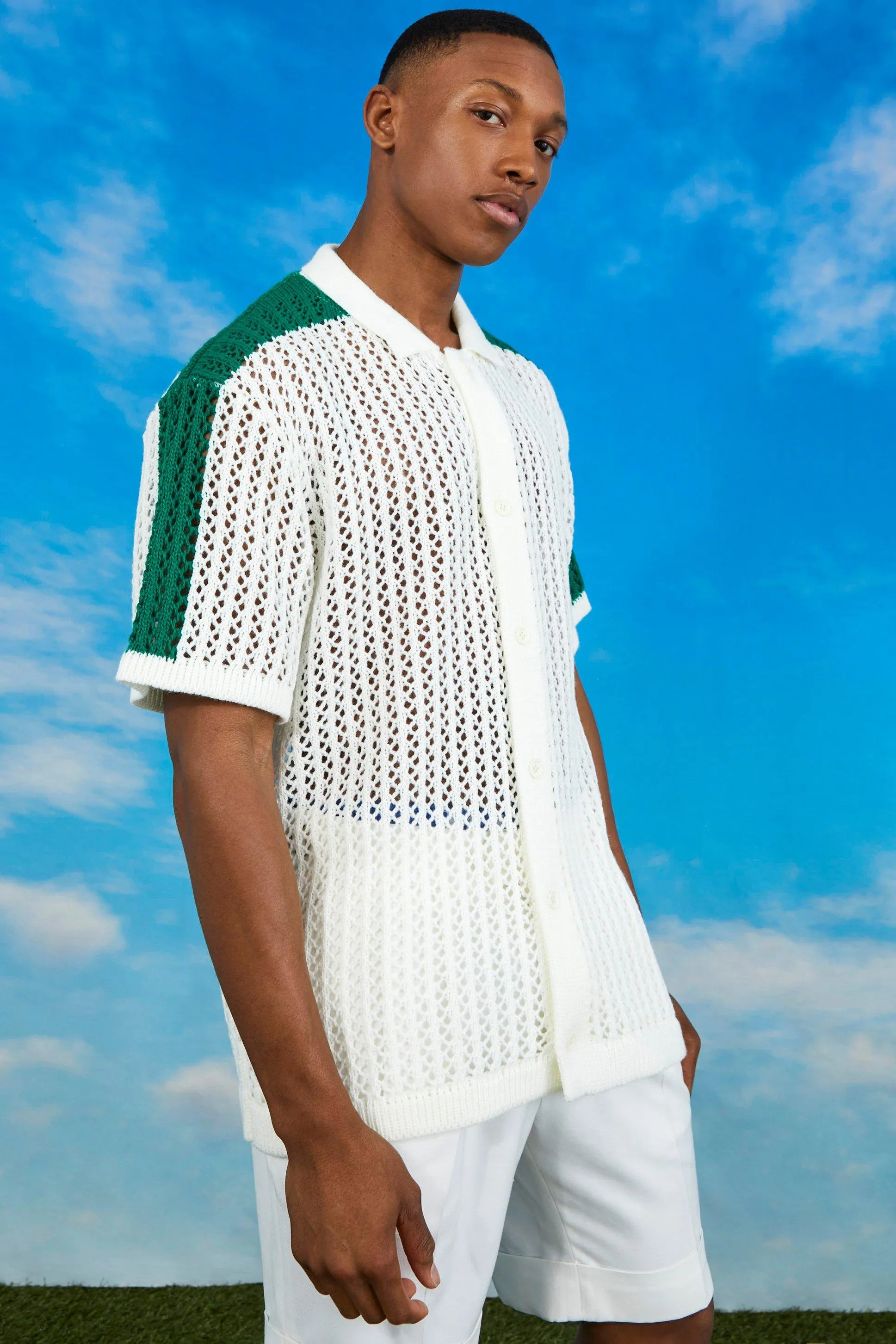 Colour Block Knit Open Stitch Shirt boohooMAN UK