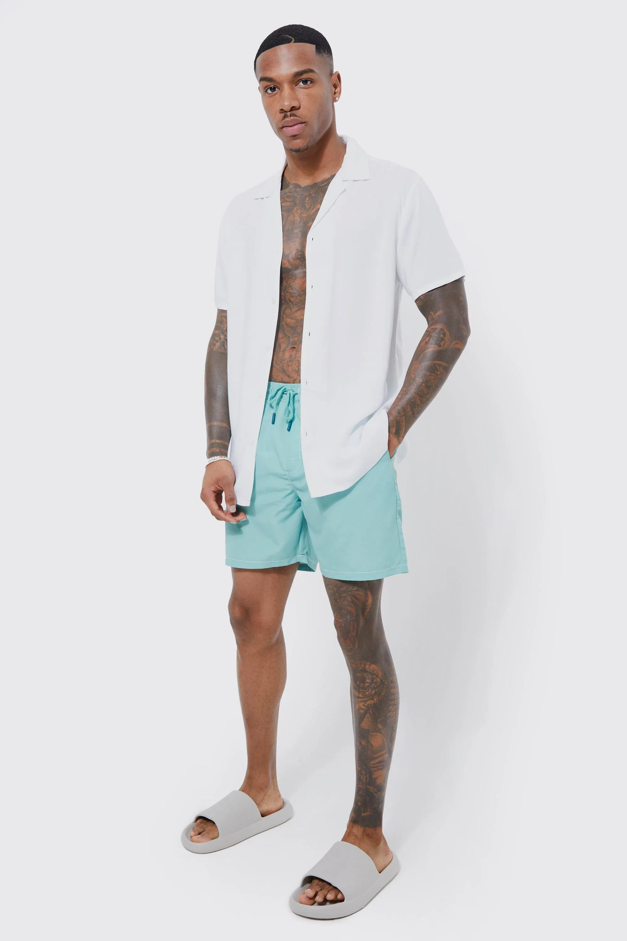 boohooMAN UK Short Sleeve Contrast Stitch Revere Shirt & Swim Short Set