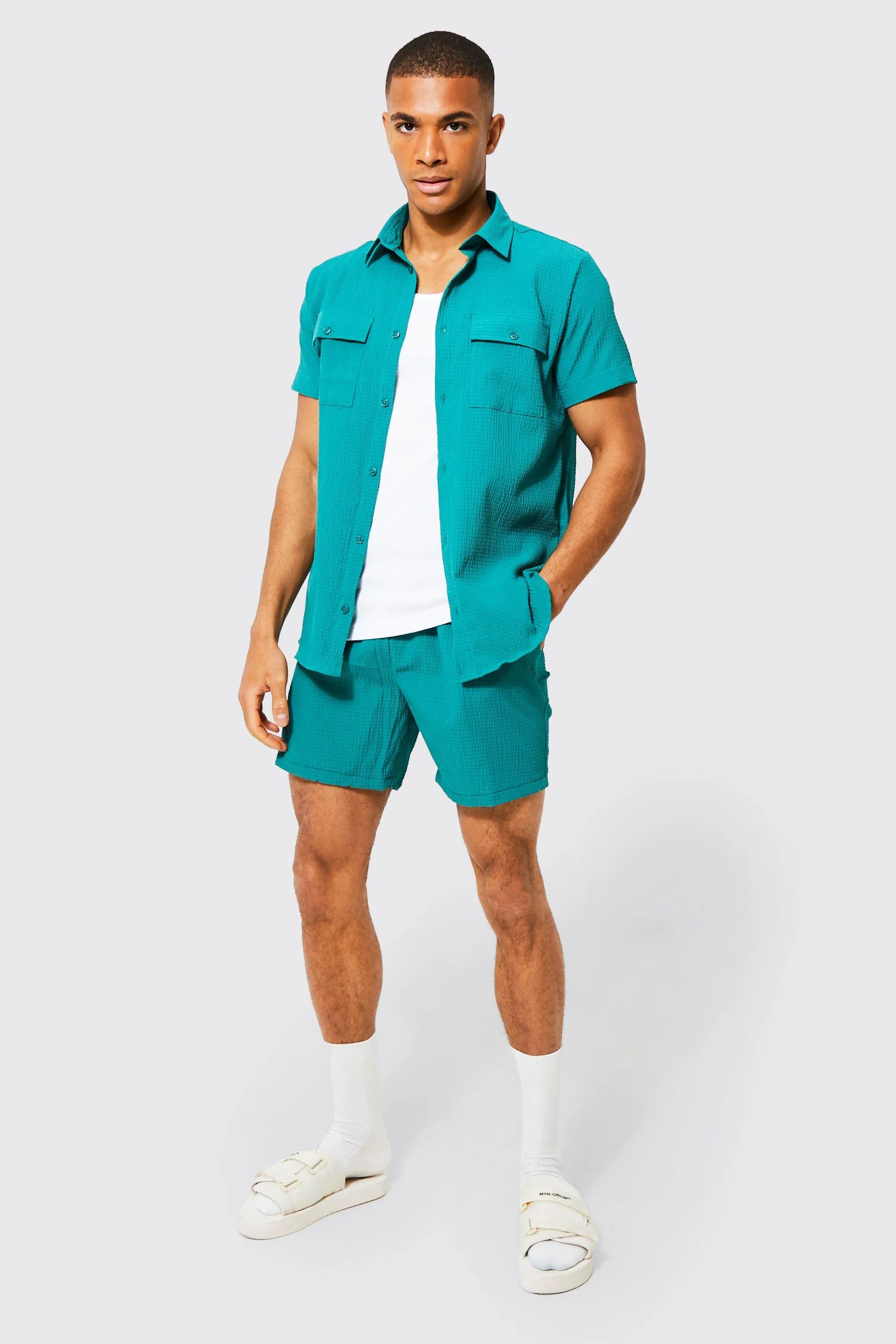 Short Sleeve Stitch Gathered Shirt And Shorts BoohooMAN UK