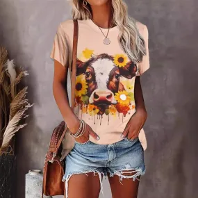 Simple Style Women's Short Sleeve T-Shirt with Cattle Design