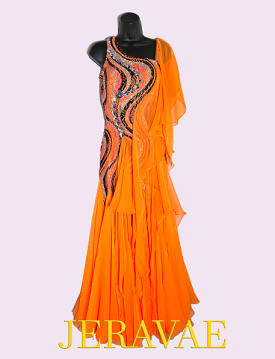 Smo222 Sleeveless Orange Smooth Ballroom Dress with Lace, Swarovski Stones, Chiffon Skirt, and Semi-Open Back Sz XS