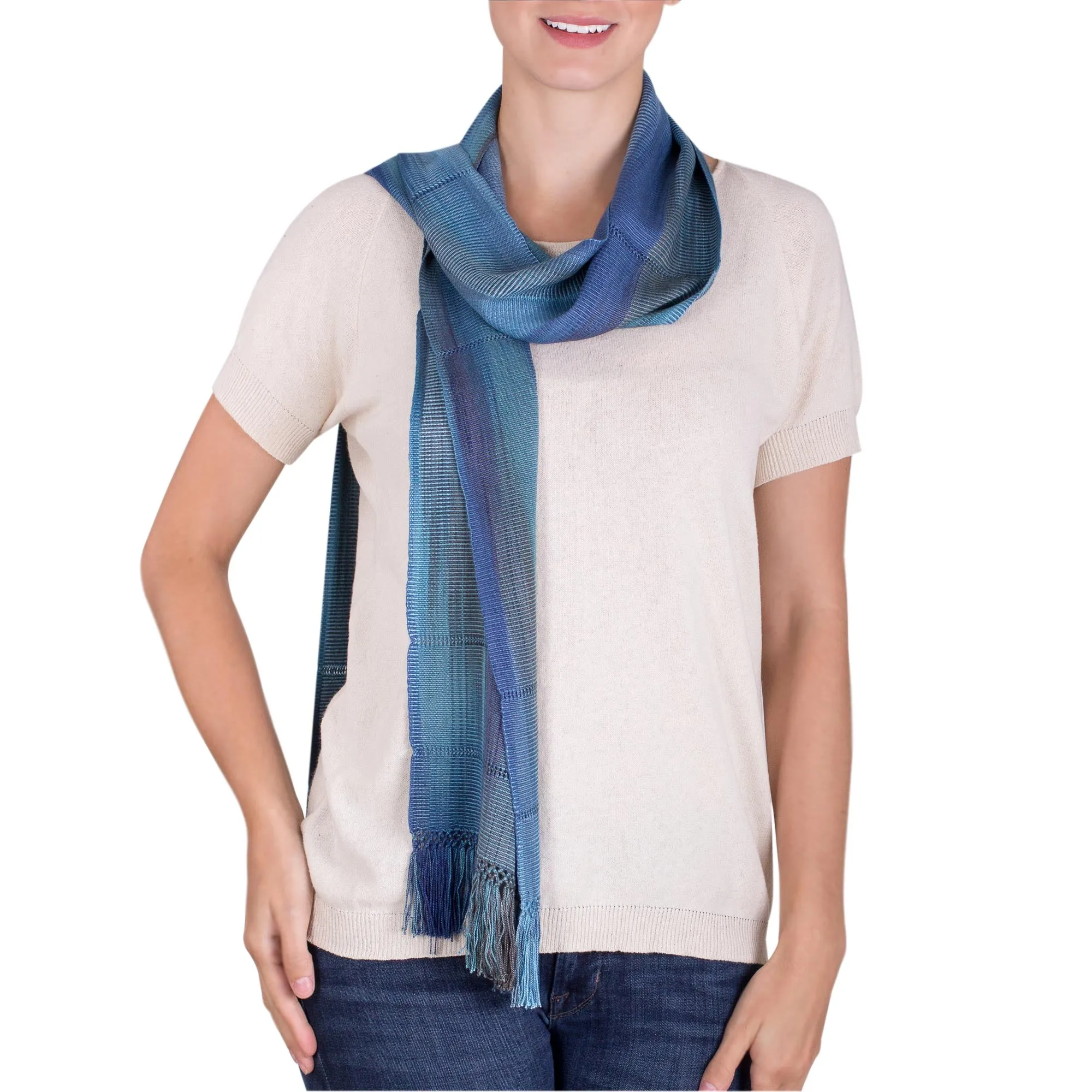 Smooth Breeze Blue Handwoven Rayon Wrap Scarf Guatemala