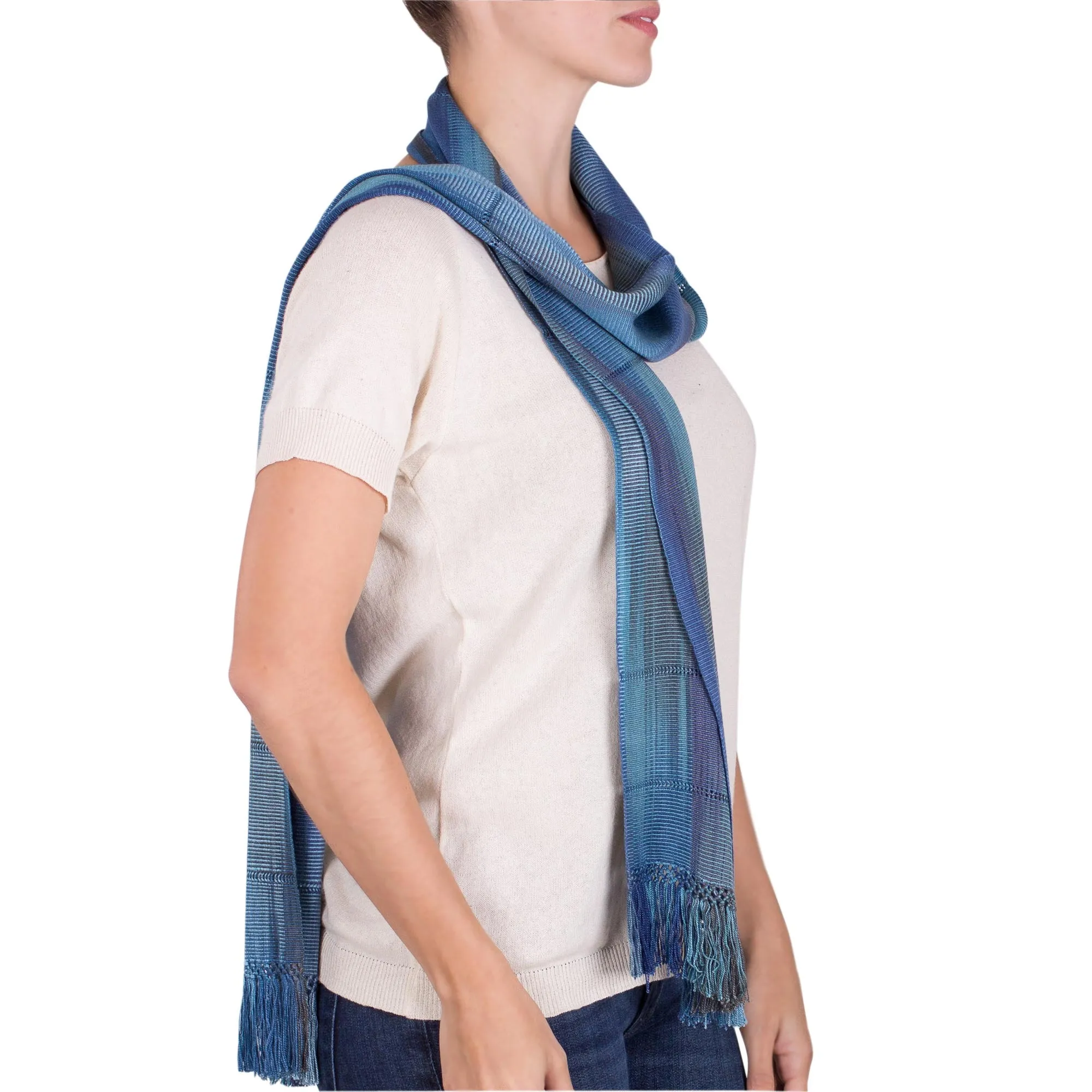 Smooth Breeze Blue Handwoven Rayon Wrap Scarf Guatemala