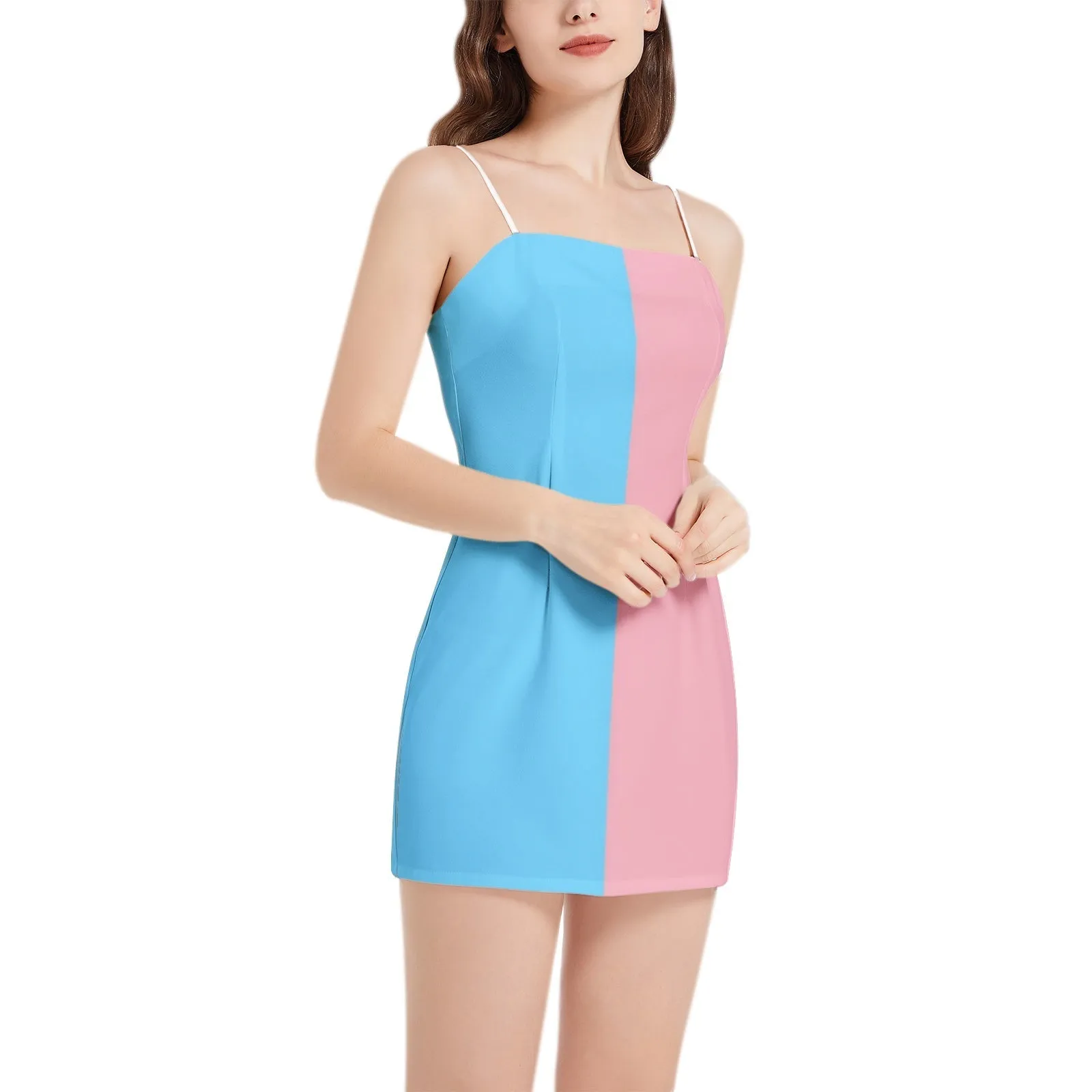 Square Neck Mini Chiffon Dress: Blue Pink White Trans Pride Spaghetti-Strap