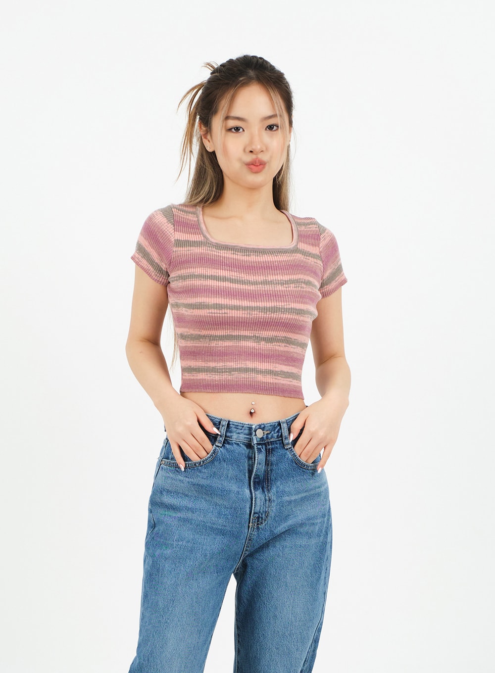 Striped Square Neck Cropped T-shirt, CA15 | Shop now!