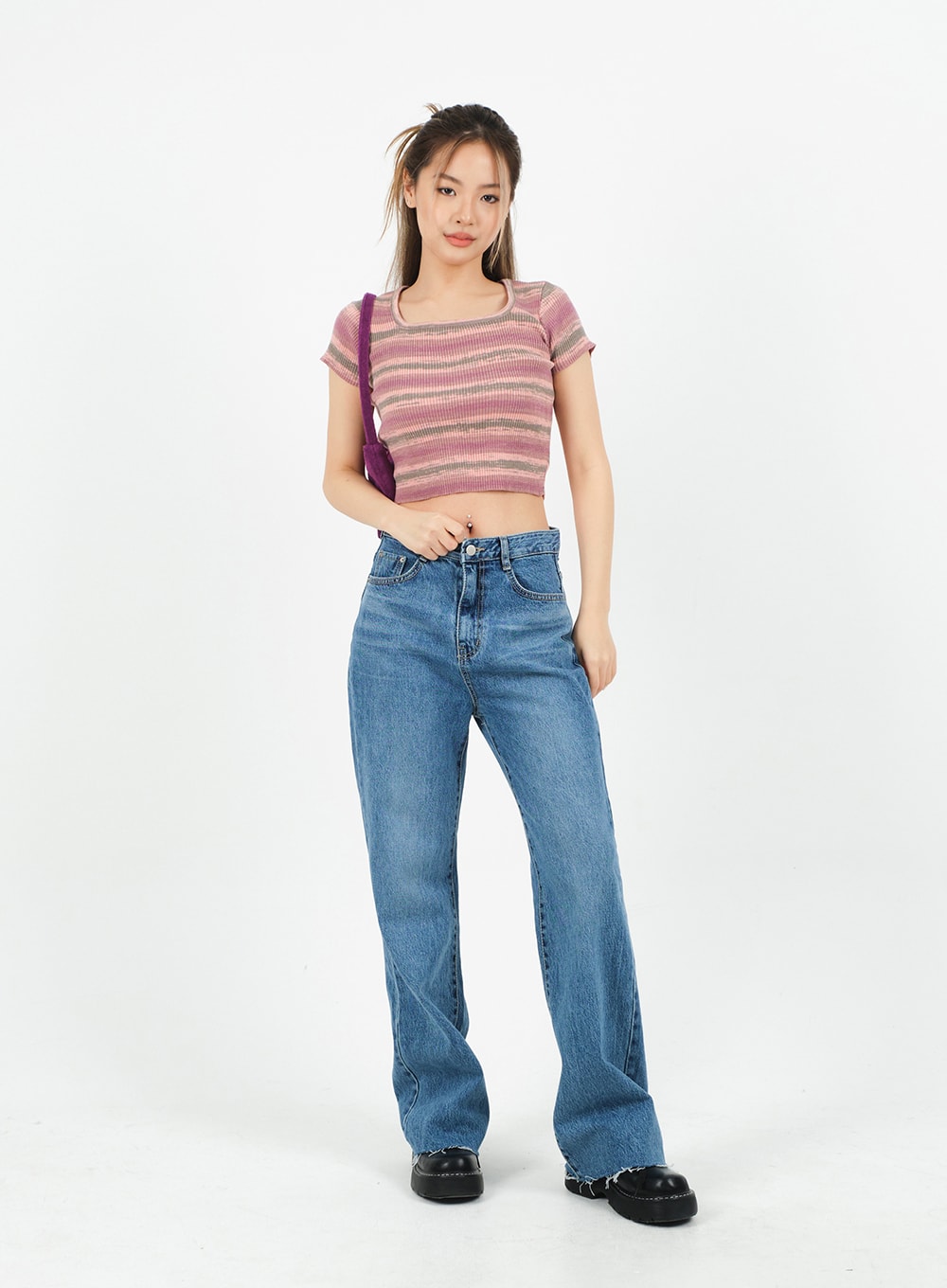 Striped Square Neck Cropped T-shirt, CA15 | Shop now!