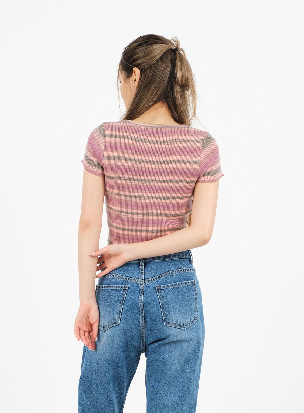 Striped Square Neck Cropped T-shirt, CA15 | Shop now!