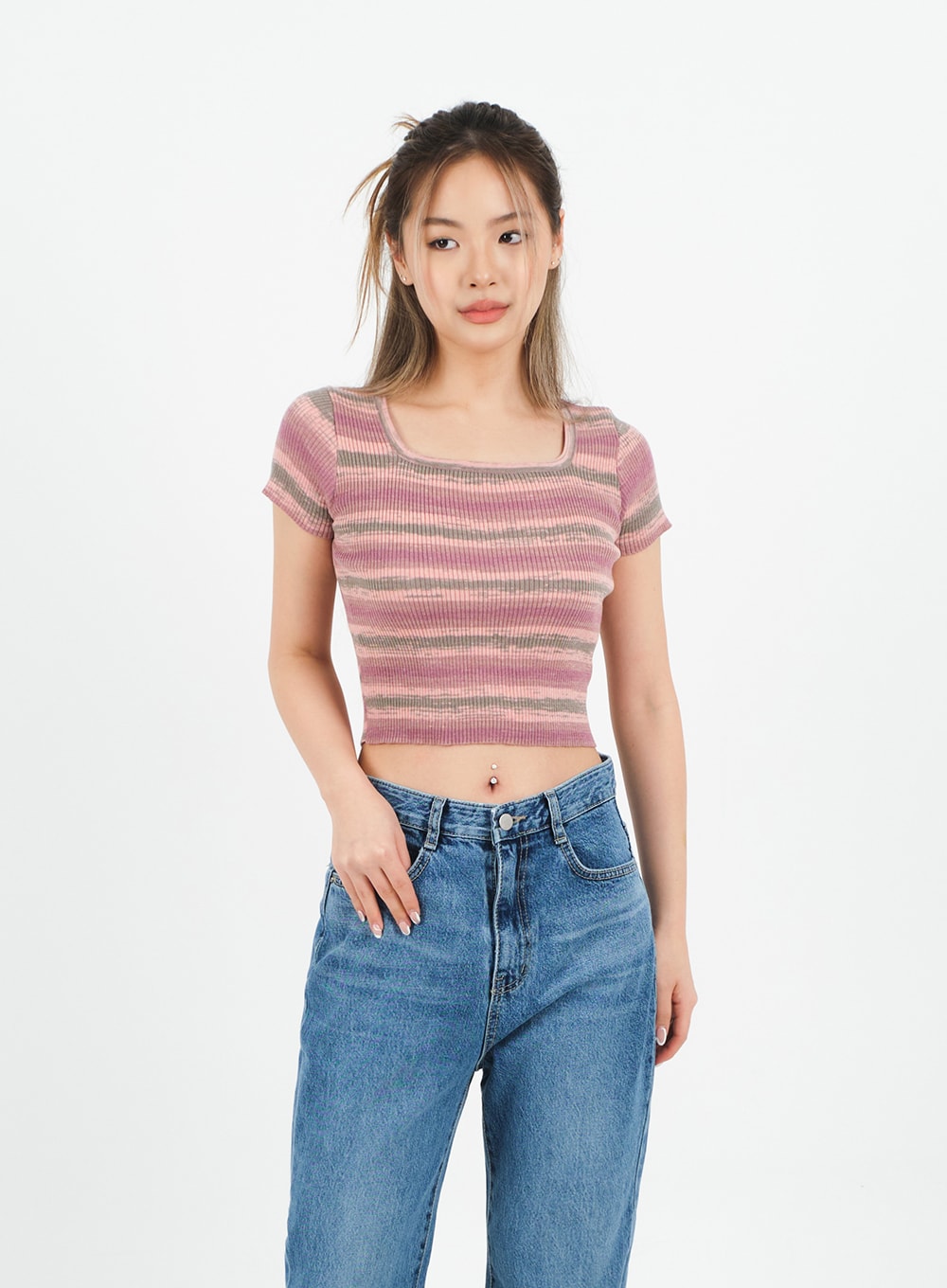 Striped Square Neck Cropped T-shirt, CA15 | Shop now!