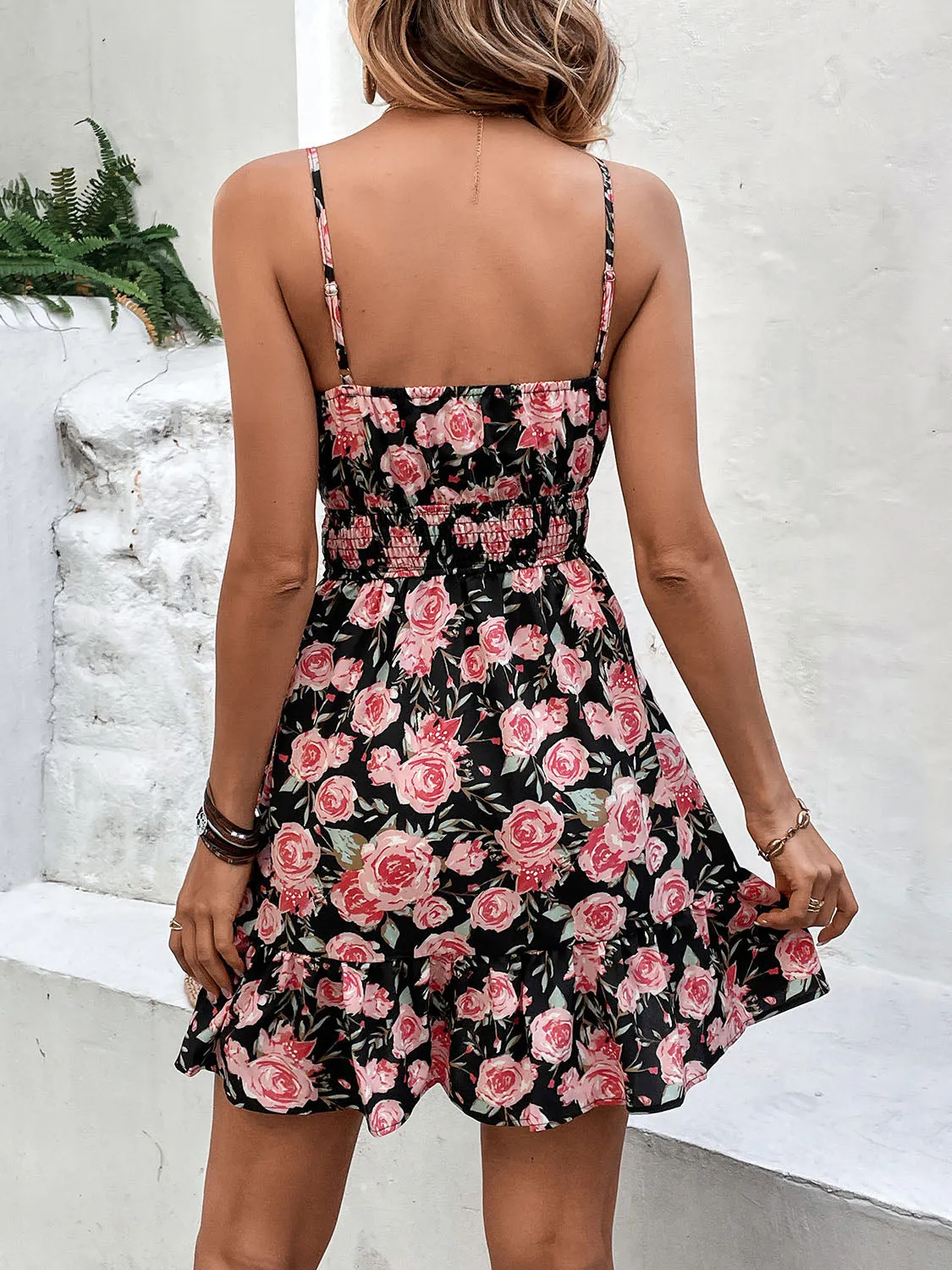 Rose Print Spaghetti Strap Dress with Tie Detail