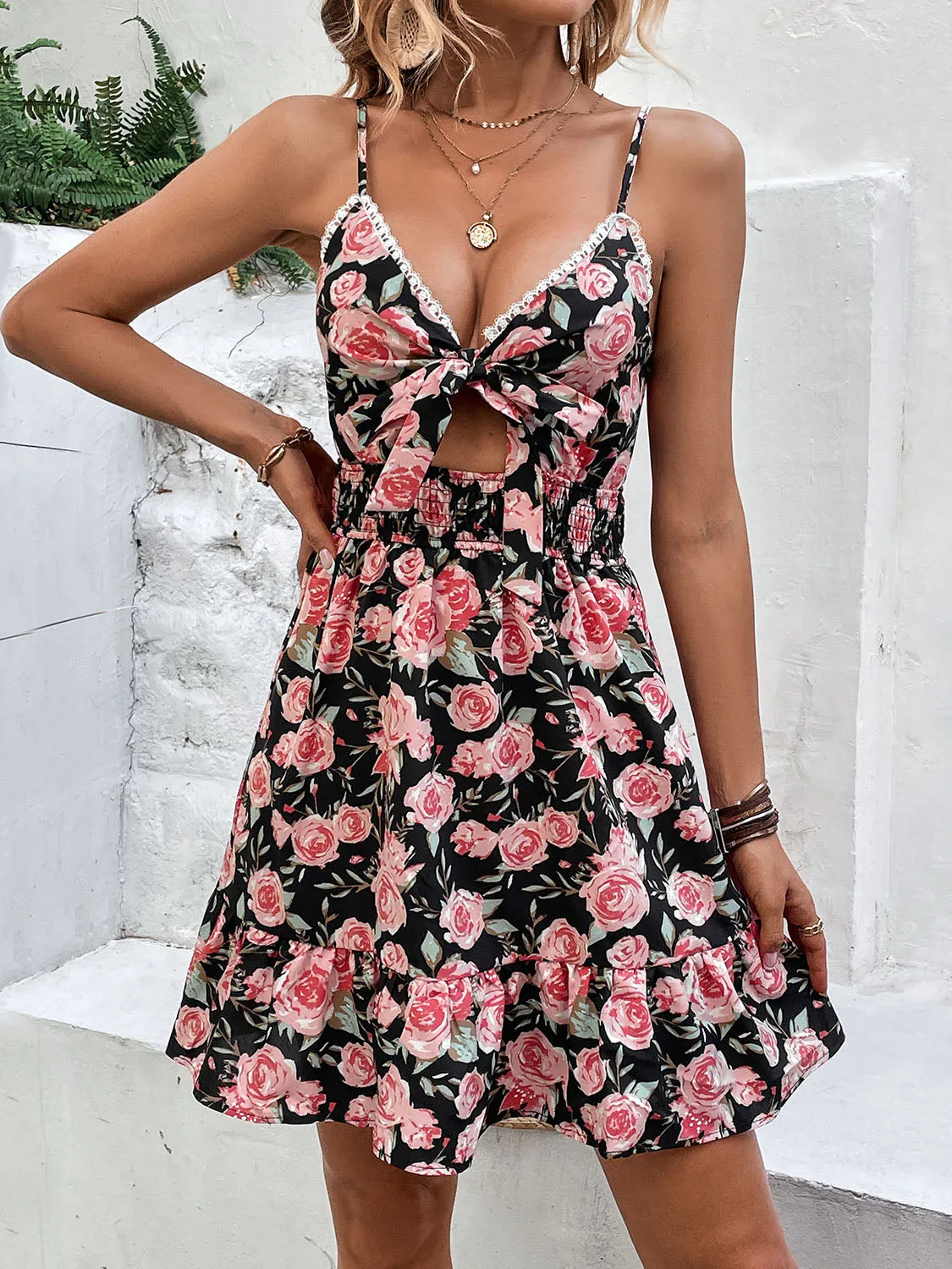 Rose Print Spaghetti Strap Dress with Tie Detail