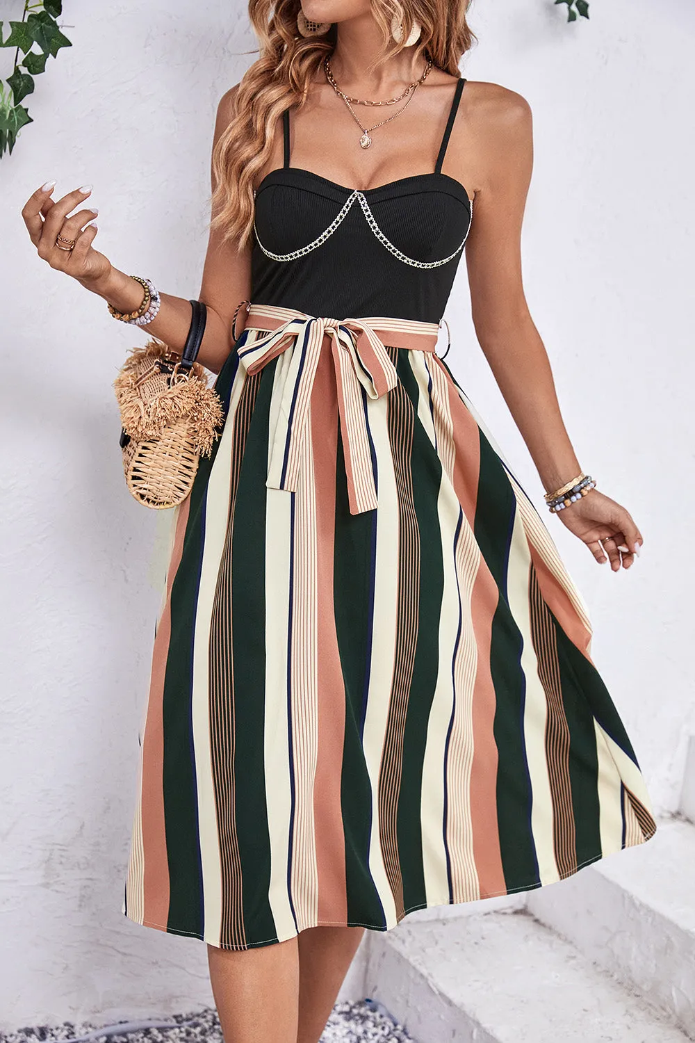 Strappy Striped Dress with Tie Detail