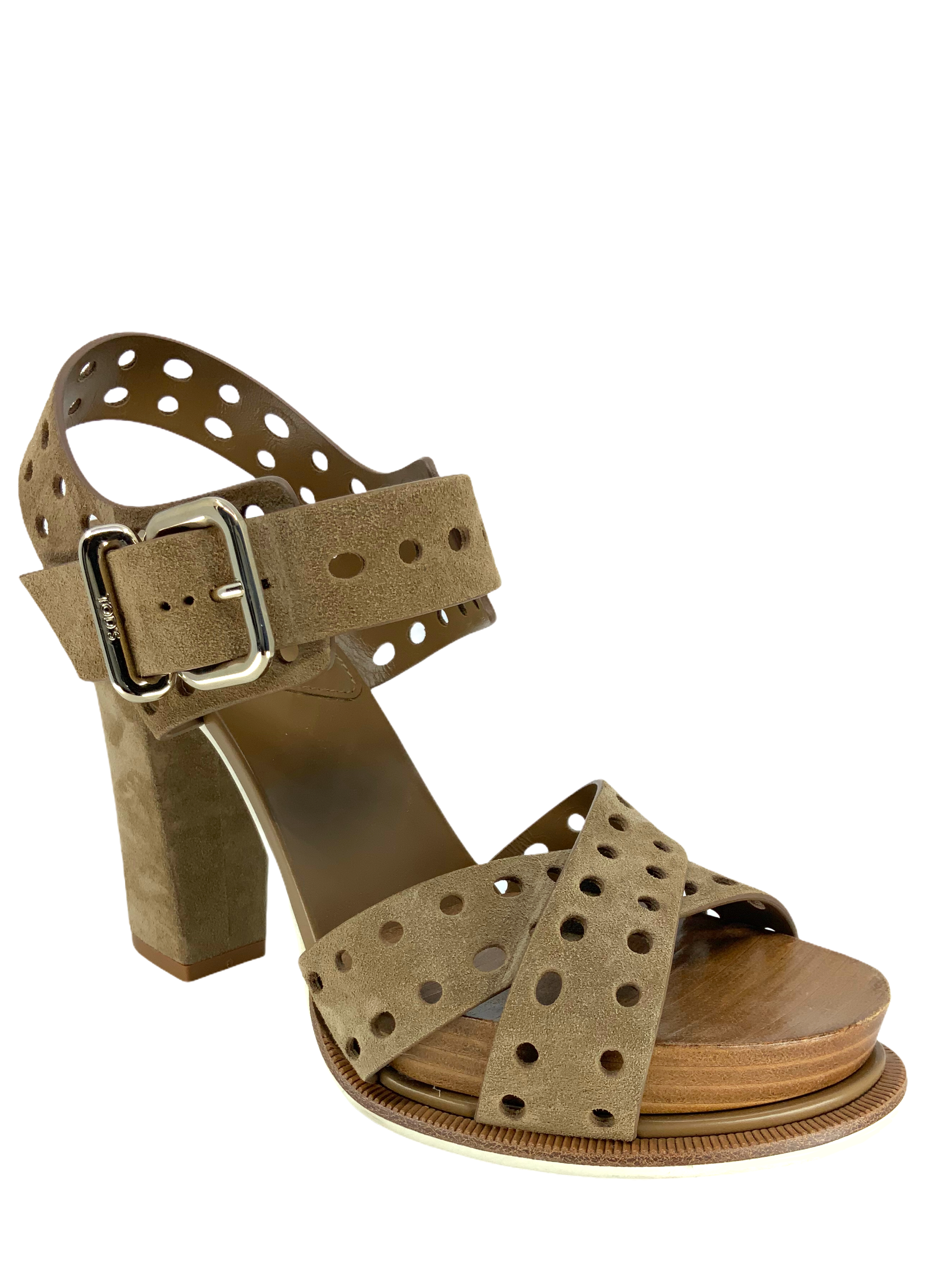 Tod's Suede Block Heel Sandal - Perforated, Size 7