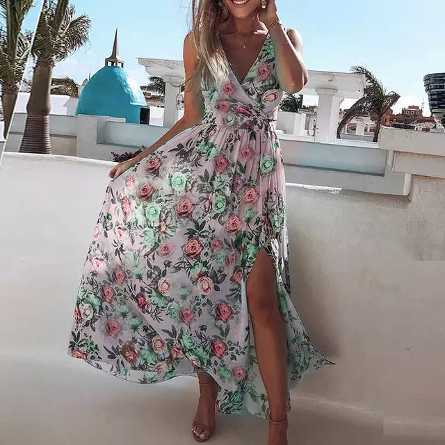 V-neck Floral Chiffon Dress - High Slit Long Beach Sundress