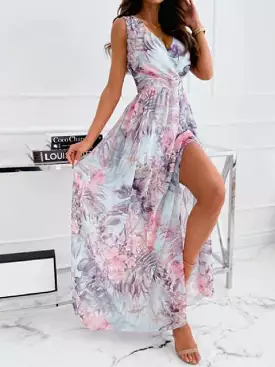 V-neck Floral Chiffon Dress - High Slit Long Beach Sundress