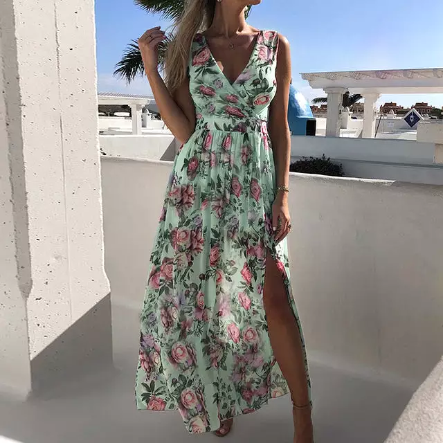 V-neck Floral Chiffon Dress - High Slit Long Beach Sundress