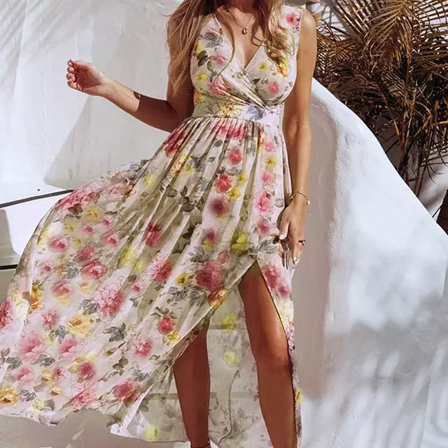 V-neck Floral Chiffon Dress - High Slit Long Beach Sundress