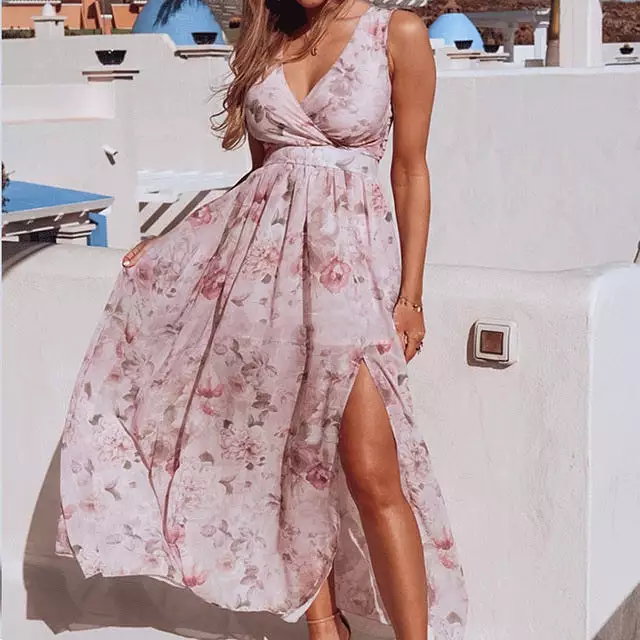 V-neck Floral Chiffon Dress - High Slit Long Beach Sundress