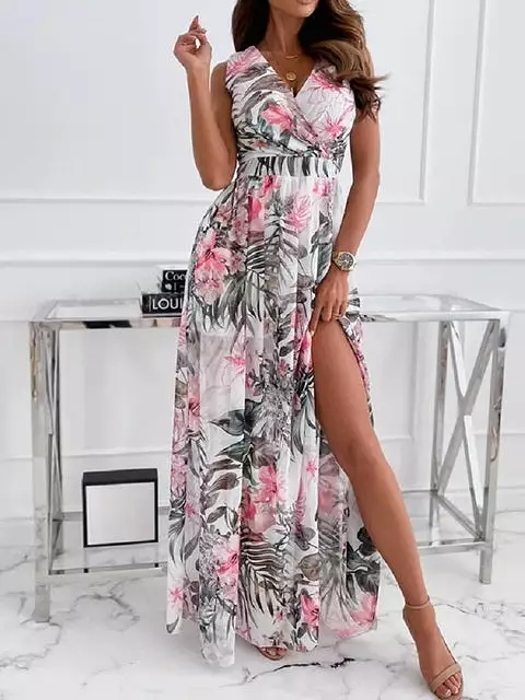 V-neck Floral Chiffon Dress - High Slit Long Beach Sundress