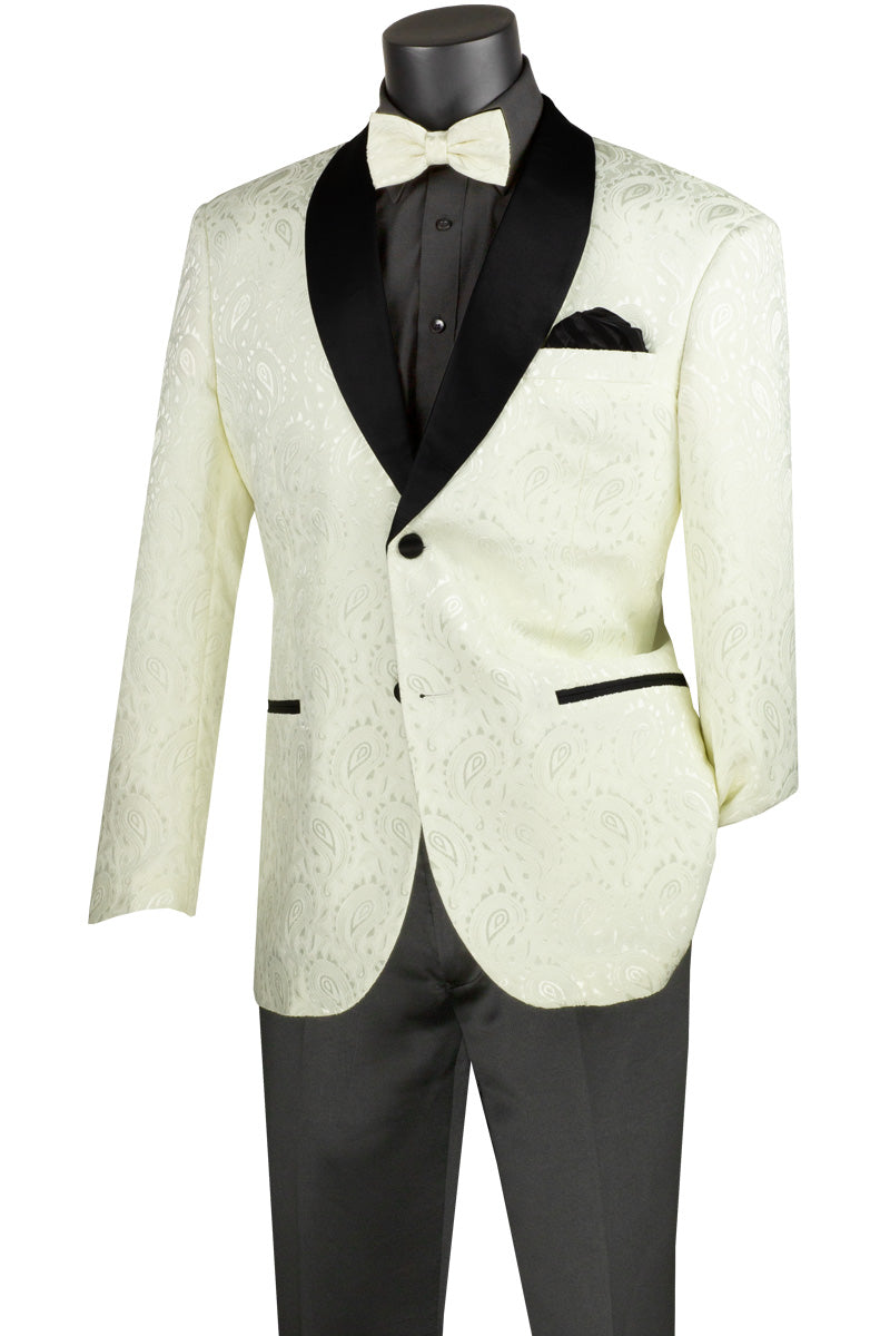 Vinci White Modern Fit Jacquard Fabric Sport Coat with Bow Tie - BM-1