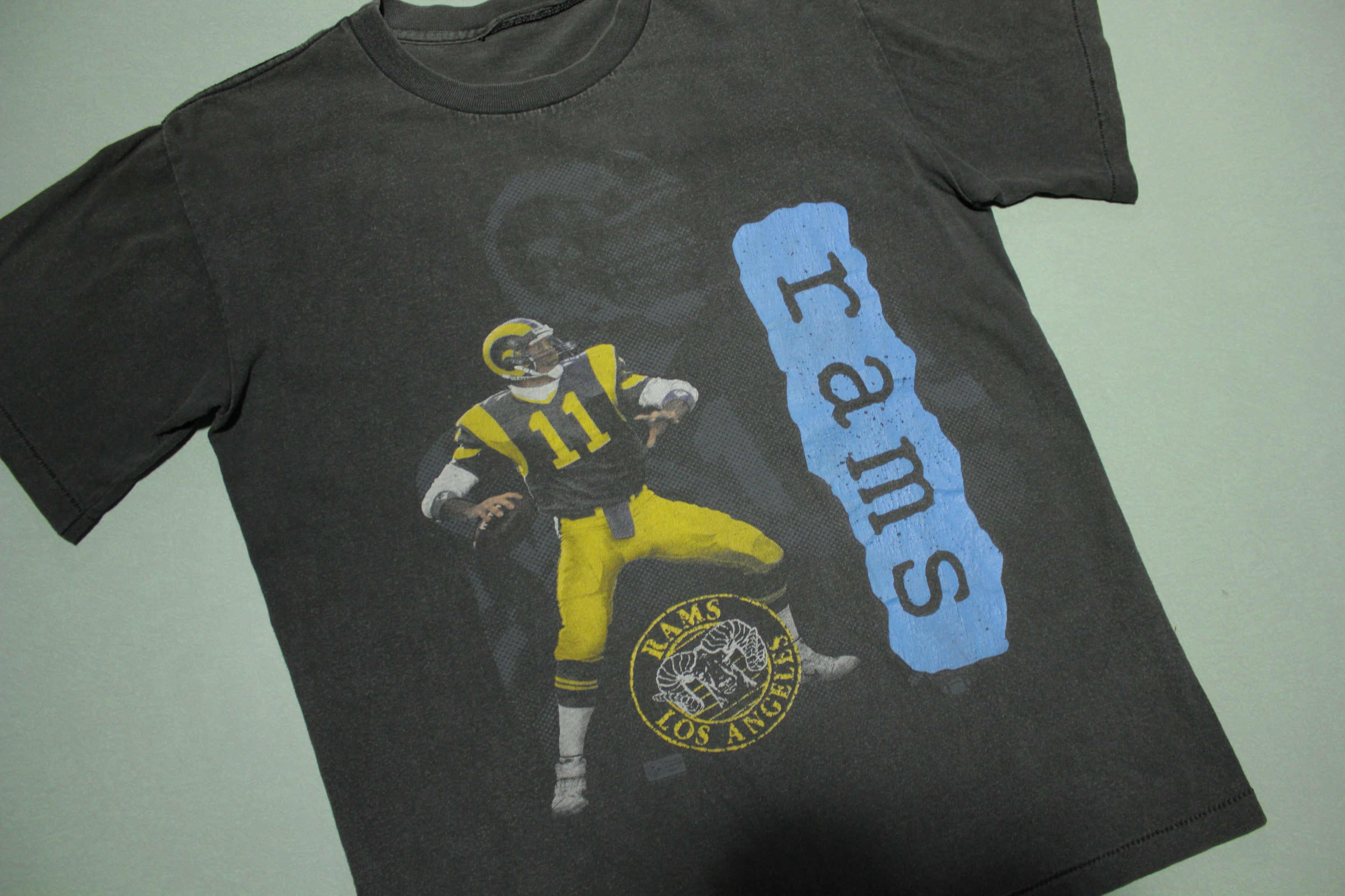 Vintage Jim Everett 1990's Los Angeles Rams NFL T-Shirt, Single Stitch, Faded Black.