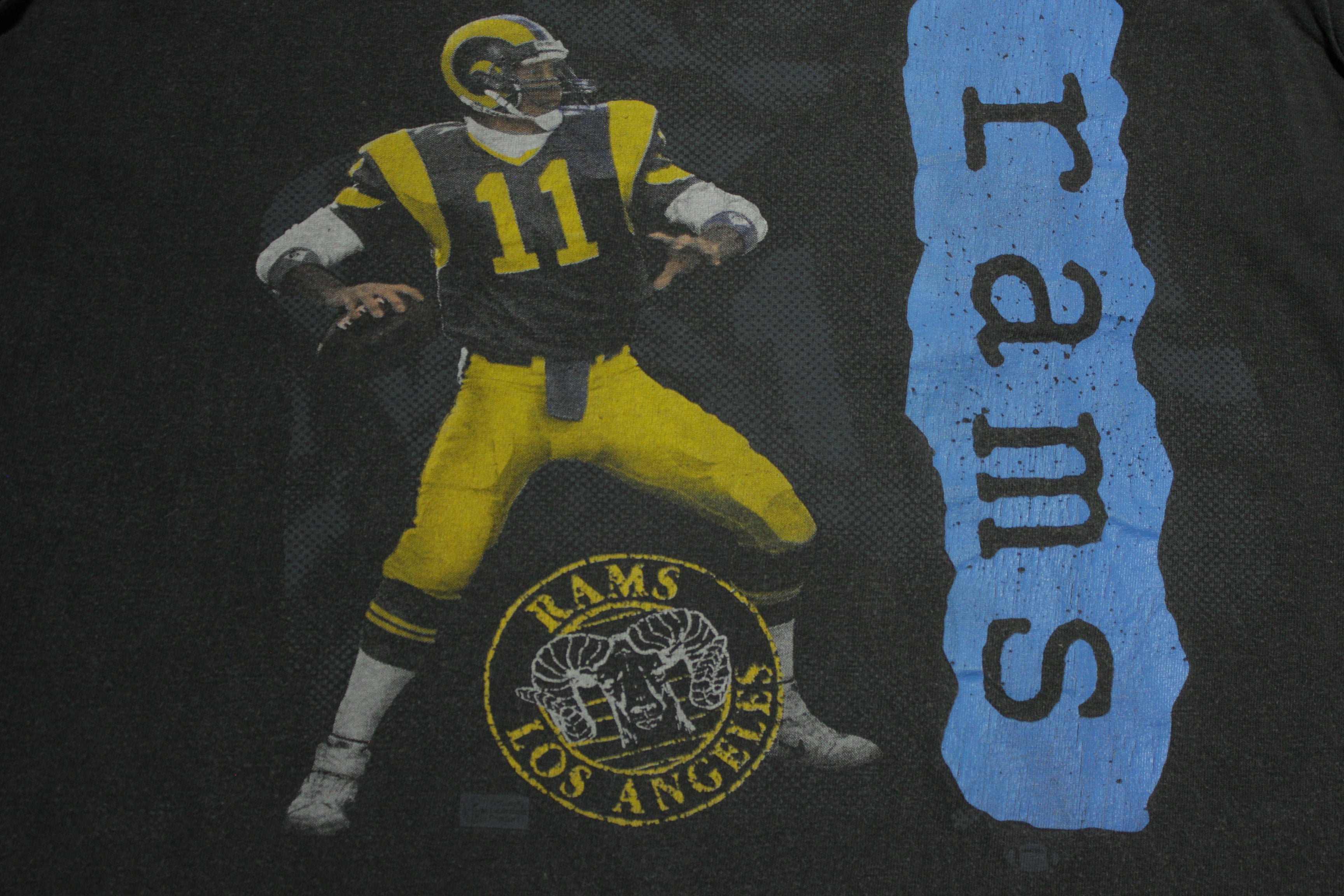 Vintage Jim Everett 1990's Los Angeles Rams NFL T-Shirt, Single Stitch, Faded Black.