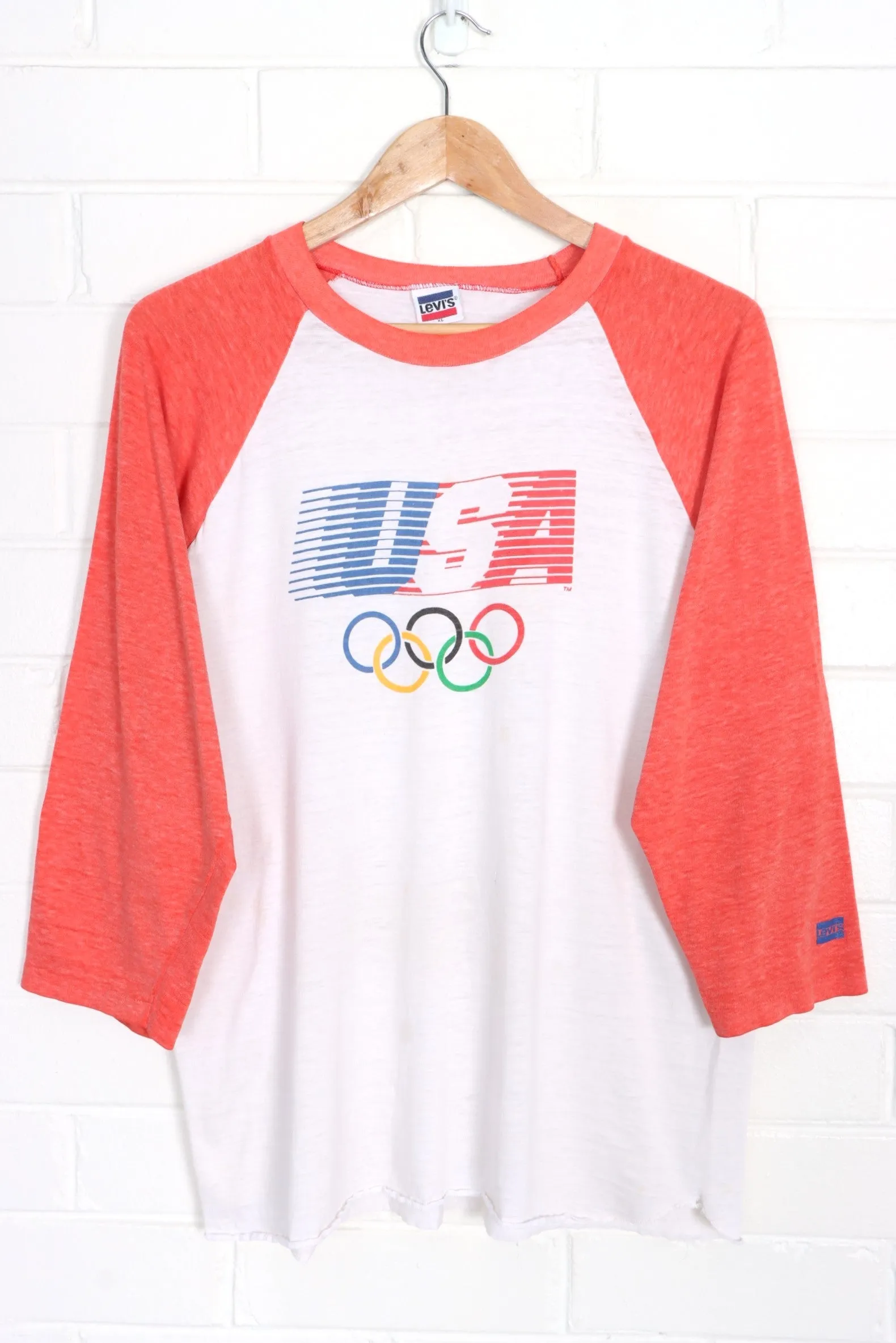 Vintage LEVI'S Olympics Team USA 1980s Single Stitch Paper Thin Raglan T-Shirt (Size Large)