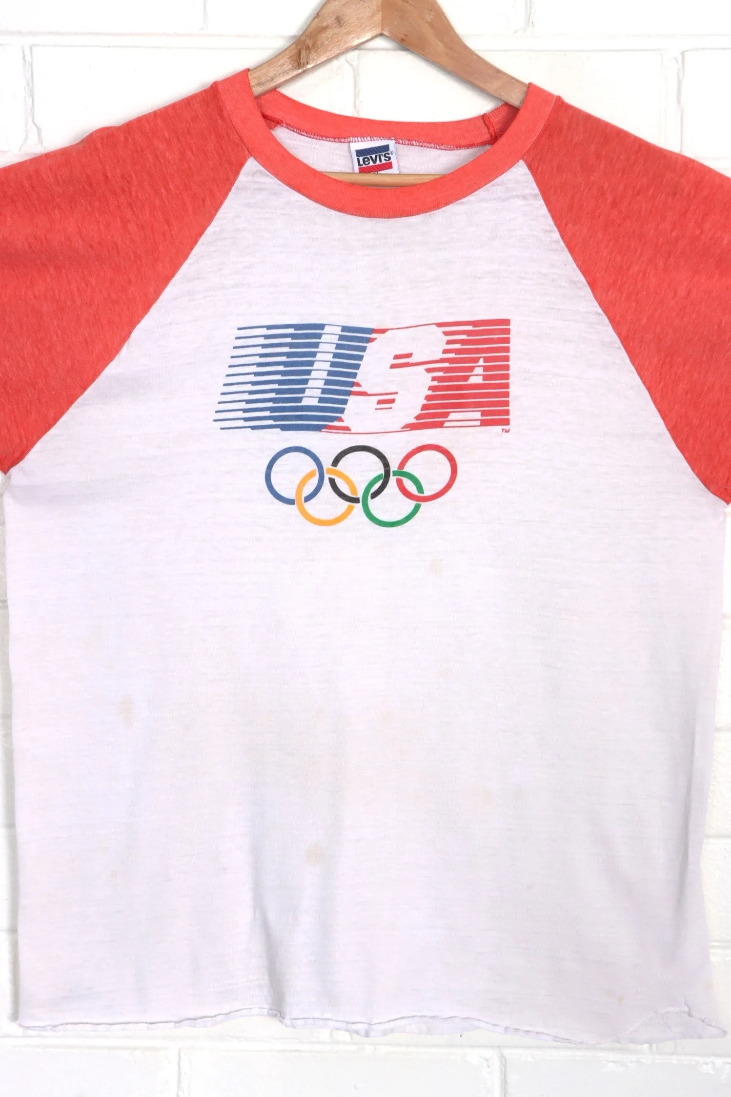 Vintage LEVI'S Olympics Team USA 1980s Single Stitch Paper Thin Raglan T-Shirt (Size Large)