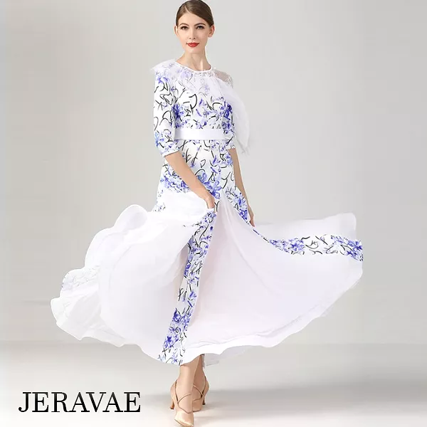 White and Blue Floral Ballroom Dance Dress for Practice, featuring Half Sleeves, One Lace Sleeve and Shoulder, Belt, and Chiffon