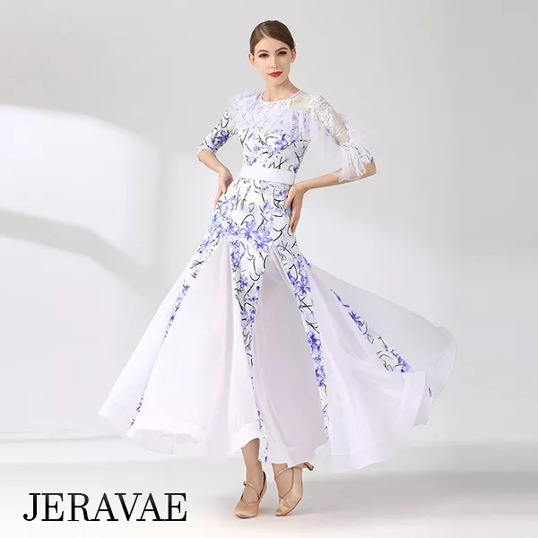 White and Blue Floral Ballroom Dance Dress for Practice, featuring Half Sleeves, One Lace Sleeve and Shoulder, Belt, and Chiffon