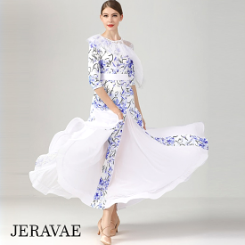 White and Blue Floral Ballroom Dance Dress for Practice, featuring Half Sleeves, One Lace Sleeve and Shoulder, Belt, and Chiffon