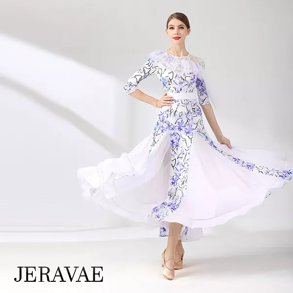 White and Blue Floral Ballroom Dance Dress for Practice, featuring Half Sleeves, One Lace Sleeve and Shoulder, Belt, and Chiffon