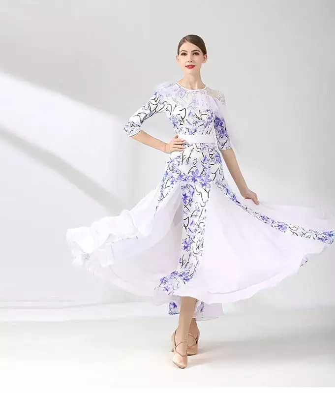 White and Blue Floral Ballroom Dance Dress for Practice, featuring Half Sleeves, One Lace Sleeve and Shoulder, Belt, and Chiffon