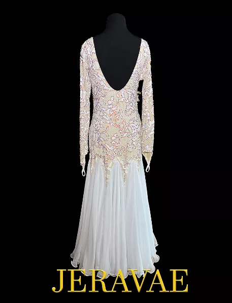 White Ballroom Dress with Floral Lace Appliqué, Nude Underlayer, Stones, and Soft Chiffon Skirt in Size Medium.