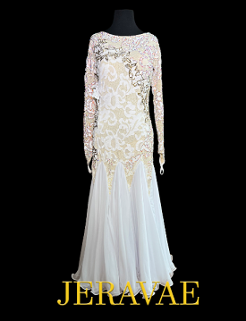 White Ballroom Dress with Floral Lace Appliqué, Nude Underlayer, Stones, and Soft Chiffon Skirt in Size Medium.