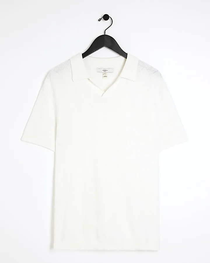 White Slim Fit Diamond Stitch Knit Polo Shirt