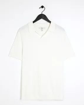 White Slim Fit Diamond Stitch Knit Polo Shirt