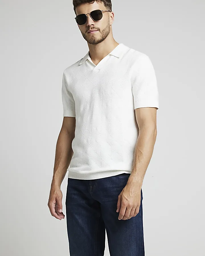 White Slim Fit Diamond Stitch Knit Polo Shirt