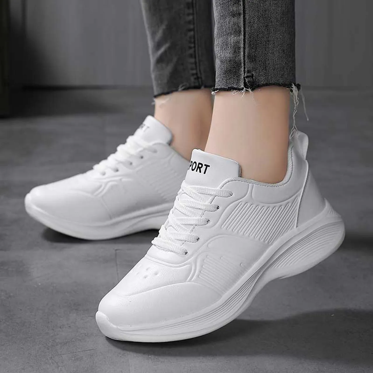 White stripe casual sneaker with accents.