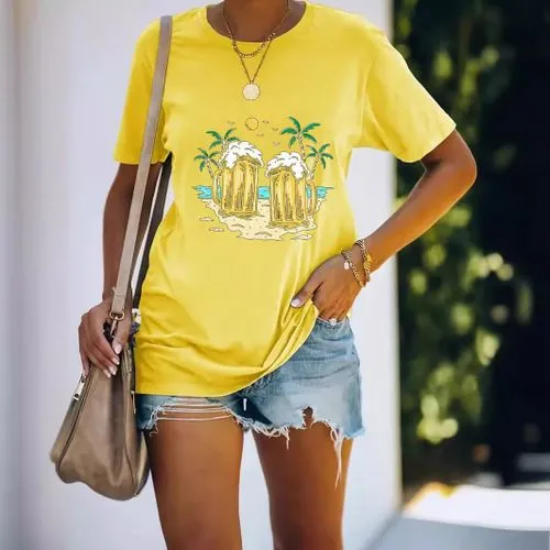 Women's Beer Coconut Tree Short Sleeve T-Shirts - Simple Style