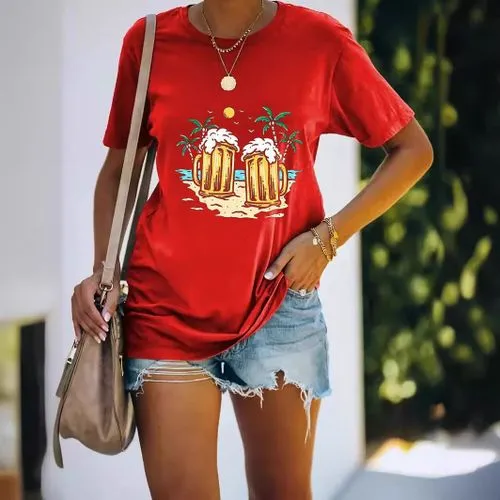 Women's Beer Coconut Tree Short Sleeve T-Shirts - Simple Style