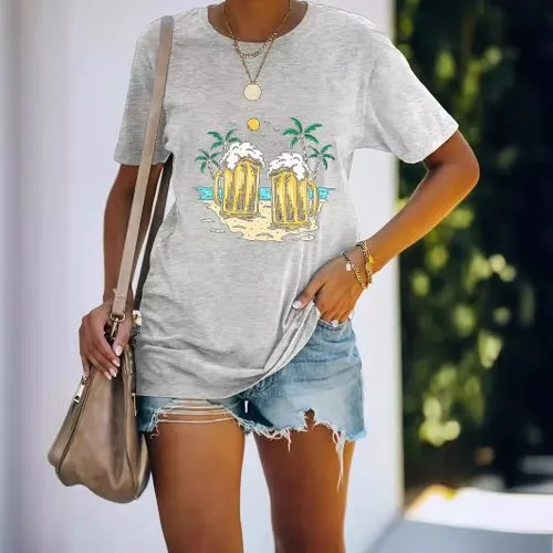 Women's Beer Coconut Tree Short Sleeve T-Shirts - Simple Style